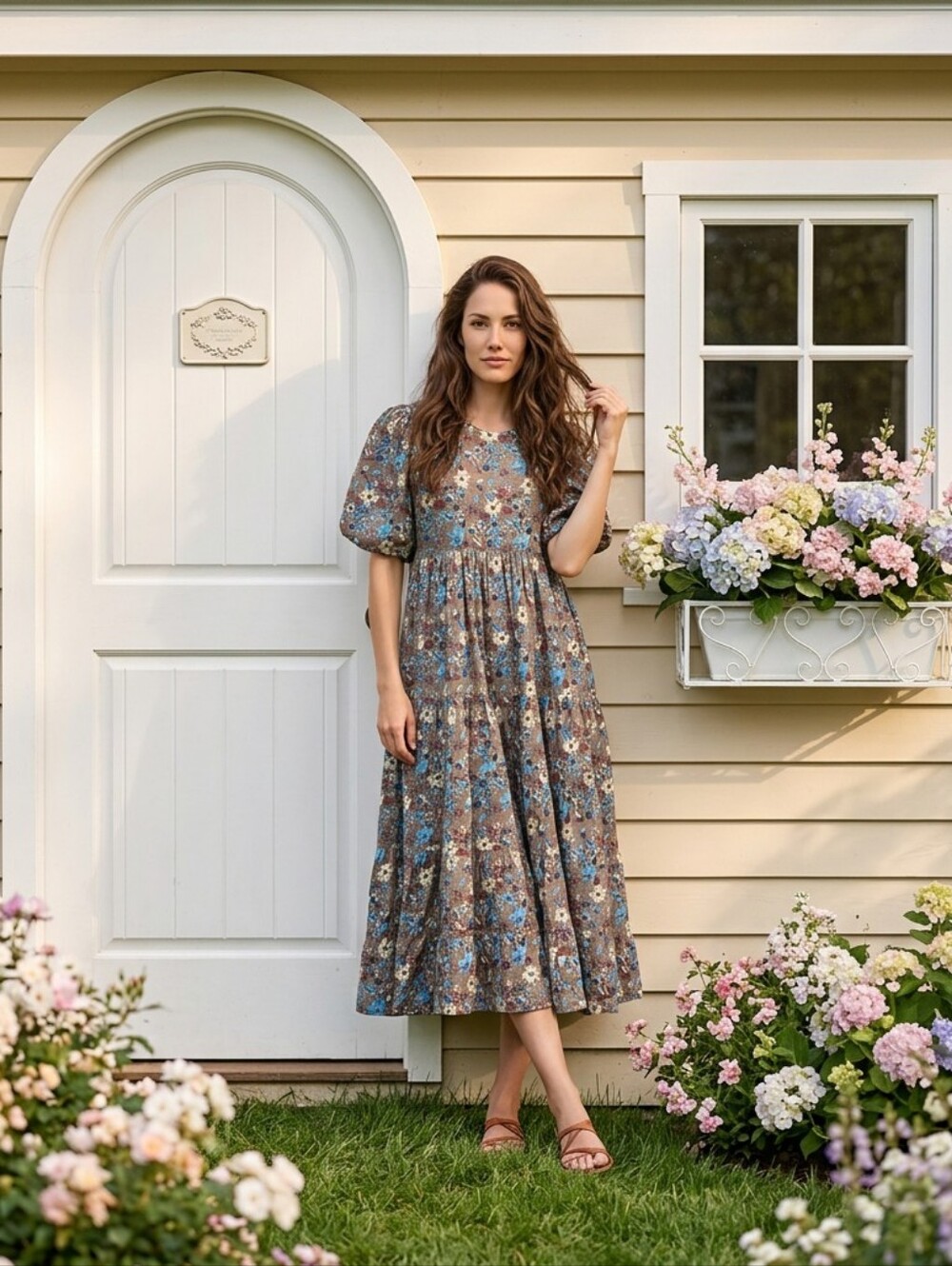 Grace Holiday Floral Brown Blue Puffy Sleeve Midi Dress. Size XS